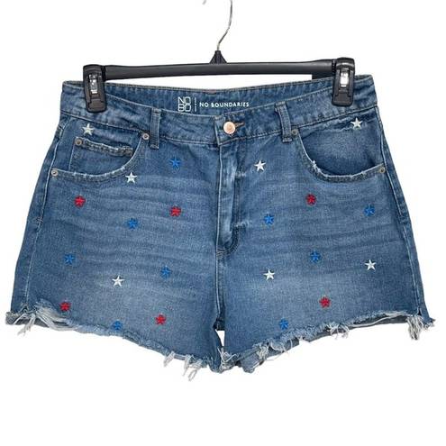 No Bo  Juniors SZ 13 Jean Shorts Patriotic Stars Frayed Hems Distressed Embroidery