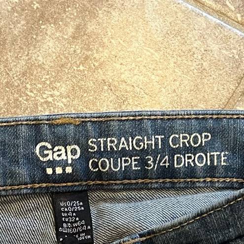 Gap  Jeans Straight Crop Coupe 3/4 Cuffed Medium Wash Jeans Distressed Sz 0 blue