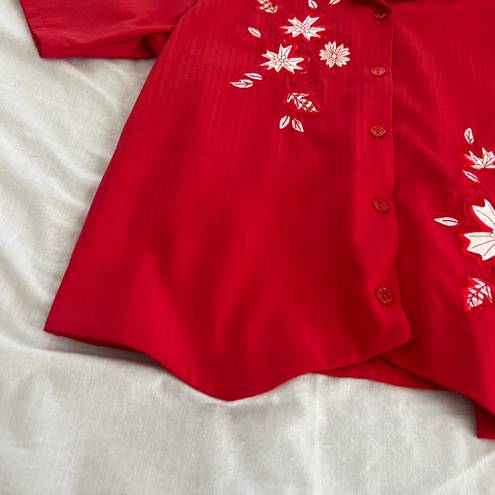 Bonworth red embroidered short sleeve button down top Size L Condition: Perfect Color: red/white  Details : - See photos for approx. measurements laying flat - Button-down  - Self-tie on the back  - Can be styled in many ways Extras:  - I ship between 1-2 days