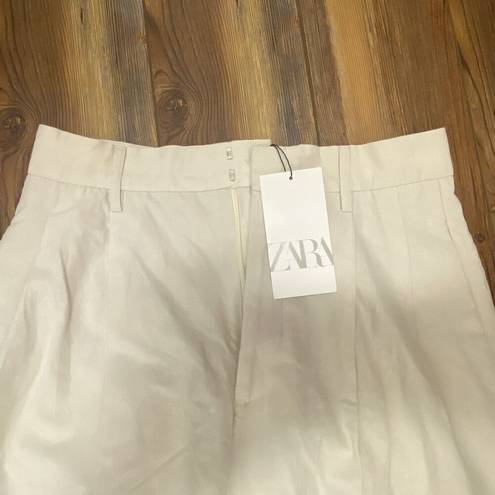 ZARA NWT  Womens Pleated  Pockets Cream Summer Linen Wide Leg Pants Sz XS