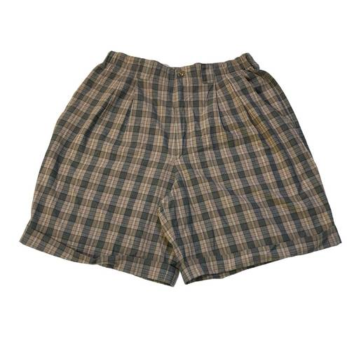 Bermuda Vintage Bogner Plaid Pleated Roll Cuff Mom  High Rise Shorts Tan