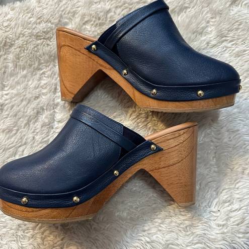 SILVIA COBOS Sz 8 Navy Bow DAILY CLOG LEATHER SLIP ON CLOGS Wood Platform Heel