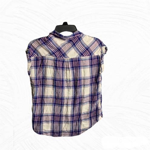 SO Grayish White Red & Blue Plaid Flannel Sleeveless Shirt Wm S