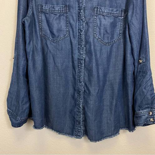 Chico's Chico’s Chambray Roll Tab Sleeves Frayed Button Down Shirt Size 12