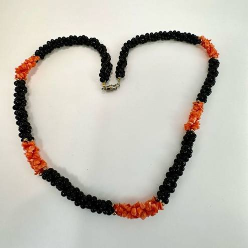 Onyx Black   beaded and coral long twisted necklace