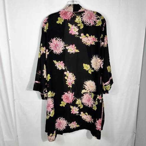 Oscar de la Renta Pink Label Vintage Y2K Black Floral Silky Tie Kimono Robe M