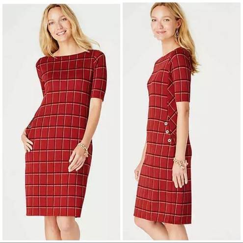 J.Jill  Red Plaid Sheath Dress Button Trim Pockets