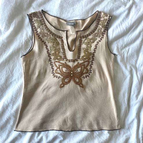 rave Vintage Y2K  butterfly embroidered beaded usa made tank top shirt brown tan
