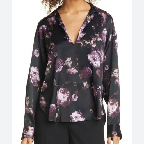  S Vince Silk Floral Long Sleeve Spread Collar Black and Purple Blouse