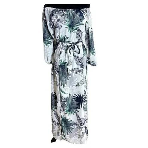 Sans Souci NWT Tropical Palm Print Off Shoulder Maxi Dress 3/4 Sleeve Tie Elastic Waist S