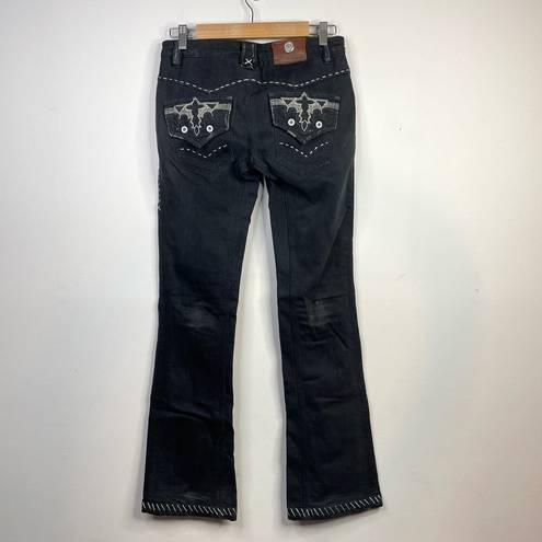 Antik Denim Y2K  Black Embroidered Distressed Stretch Bootcut Western Jeans 28