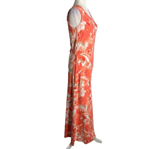 Krass&co Denim  Sleeveless Maxi Dress XXS Orange Floral V Neck Waist Tie Stretch