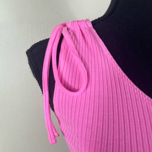 Aerie  Neon Pink One Shoulder Ribbed Rebel Tie Shoulder Cropped Tank