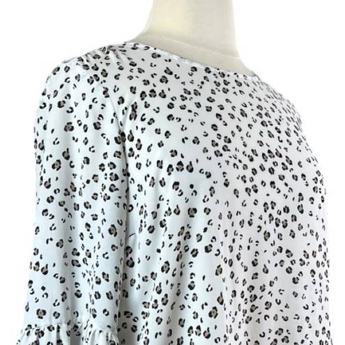 Elle Blouse Top Ruffle Bell Sleeve Pullover White Black Leopard Women’s Size XL