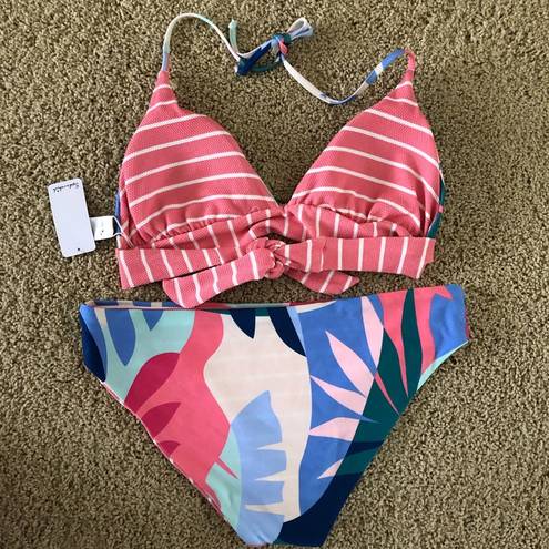 Splendid  BIKINI SET REVERSIBLE THIN STRIPED PALE PINK FLORAL NWT SZ L