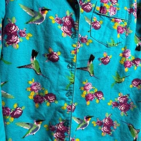 Hummingbird LA CERA  Flannel Cotton Pajamas Womens L Blue Buttons PJ Set Floral