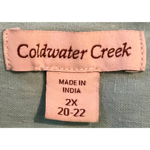 Coldwater Creek  Top Womens 2X Green Linen Button Front Collar 3/4 Roll TabSleeve