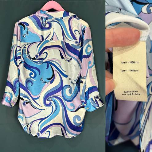 L'Agence L’Agence Dani Silk Blue Swirl Button Front Blouse