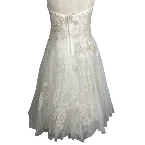 Oleg Cassini  Strapless Tulle Embellished Tea Length Ivory Wedding Gown size 6 8