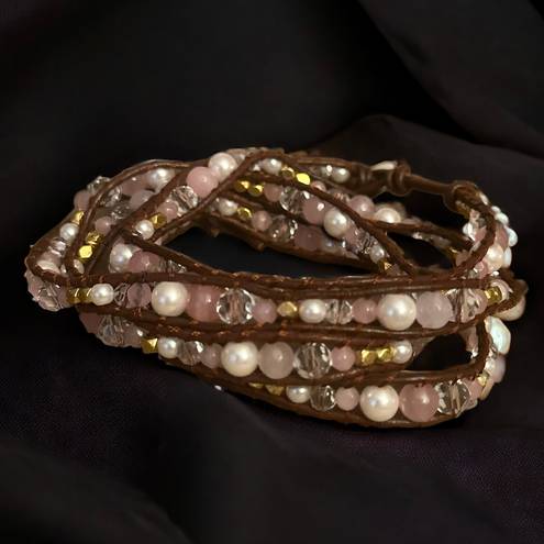 Victoria Emerson Rose Quartz And Pearl Leather Wrap Bracelet