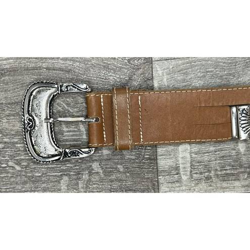 Vintage Western Leather Belt With Metal Detailing Size 34 Inches