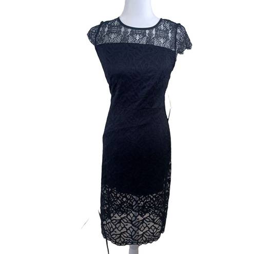 Kensie  Black Bodycon Dress Lace Overlay Short Sleeve Party Cocktail NWT Size XS