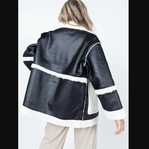 Princess Polly Lexie Black & White Faux Leather Shearling Oversized Jacket L/XL