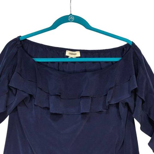 L'Agence  Sz XS Monroe Off Shoulder Silk Blouse Blue Ruffle Pullover 4677CD1 Top