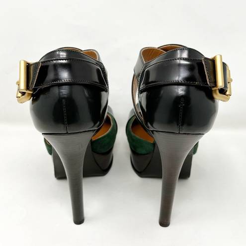 Fendi  Green Suede Black Leather Round Toe Logo Wooden Sole Platform Heels Pumps