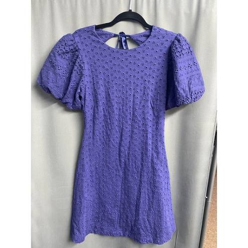 Free People  Mini Dress Women's XS Blue Eyelet Lace up Cut out Puff Sleeve B71