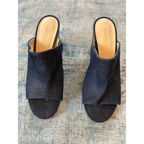 Nine West  Blue Denim Gemily Block Heel Peep Toe Mules Size 7.5