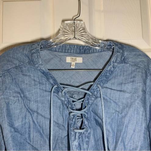 True Craft  Blue Chambray Lace Up Neck Blouse size 0X