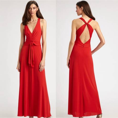 BCBGMAXAZRIA Red Sophia V Neck Draped Full Length Criss Cross Back