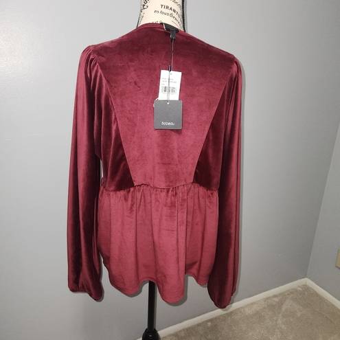 Bobeau  NWT Burgundy Velvet Embroidered Peasant Boho Top Size Large