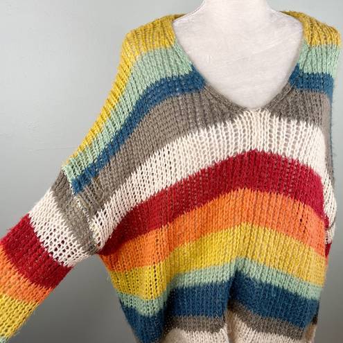 Elan  Sweater Rainbow Oversized Open Knit Stripes Large V-Neck