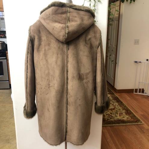 Dennis Basso Coat Reversible Faux Suede Fur Mink Brown Hooded