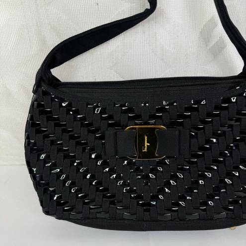 Salvatore Ferragamo  Black Woven Patent Shoulder Bag