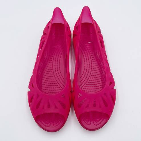 Crocs  Women's Adrina III Peep Toe Flats Slip Ons Bright Pink Jelly Shoes Size 8