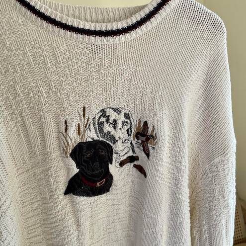 Vintage Black Lab Dog Duck Pond Embroidered Chunky Textured Crewneck Sweater in Cream Size XL