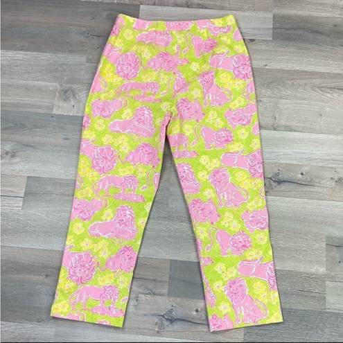 Lilly Pulitzer Vintage  Lion Print Crop Capri Pants Flat Front Lime Green Pink 4