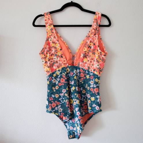 Beach Club Palisades  Orange and Teal Floral Print One Piece Swimsuit