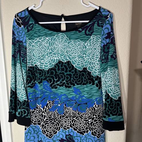 Laundry by Shelli Segal Laundry Shelli Segal Sheath Dress Long Sleeve Blue Green Floral Stretch Sz S