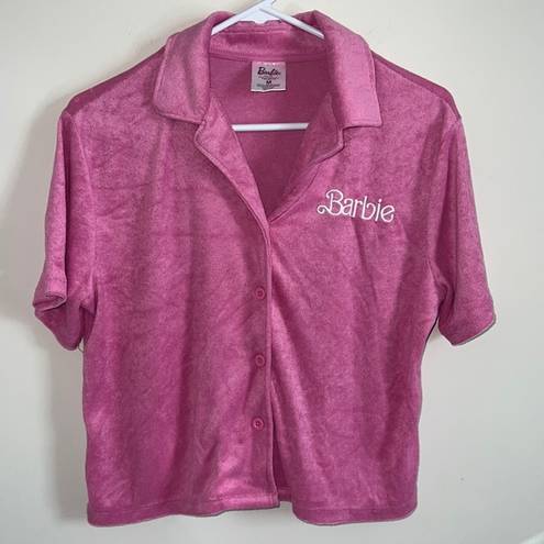 Polo barbie cropped terry cloth button down shirt  pink short sleeve