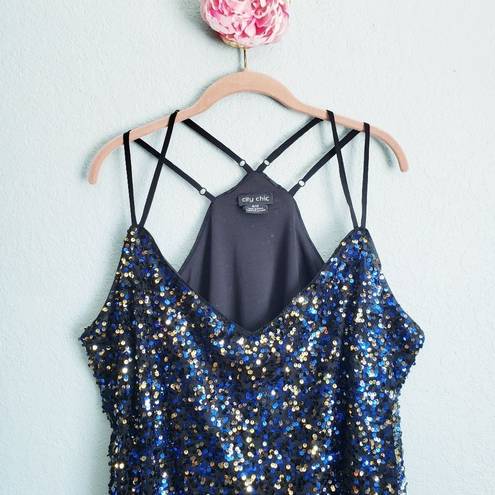 City Chic  Blue and Gold Sequin Strappy Mini Dress