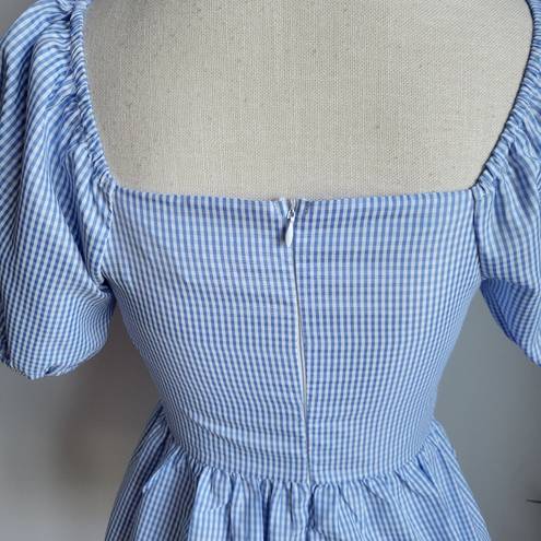 English Factory Nordstrom,  New Blue Gingham Peplum Puff Sleeve Top Size Small