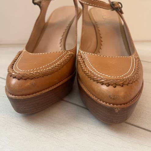 Cole Haan Platform Wedge Slingback Shoes Sandals Tan Camel Leather Sz 7.5