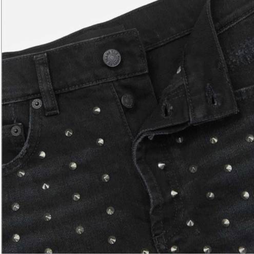 The Kooples  Studded Denim  Distressed Fray Cheeky Mini Shorts Black