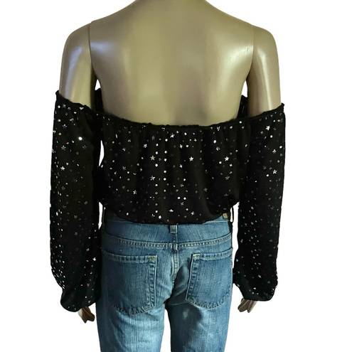 Honey Punch  metallic star print off shoulder crop top