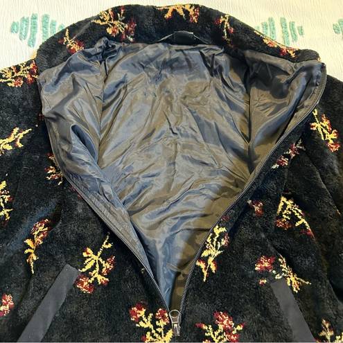 Black Diamond VTG  Sherpa Fleece Botanical Floral Print Jacket Black Size Small