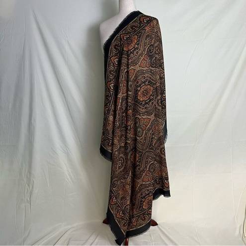 Edge Elaine Gold Large Square Boho Scarf Wrap Brown Black Floral Frayed  46x46